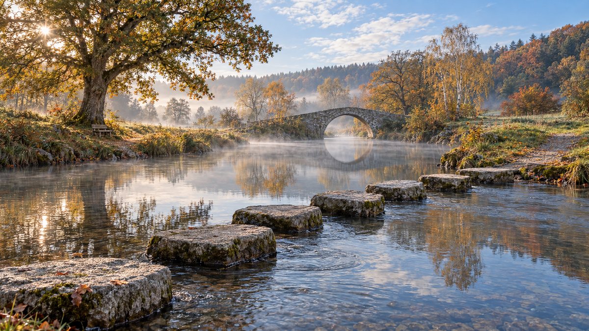 Trittsteine führen im Herbst durch den Fluss ans andere Ufer, dahinter die Steinbogenbrücke und die Eiche mit der Bank