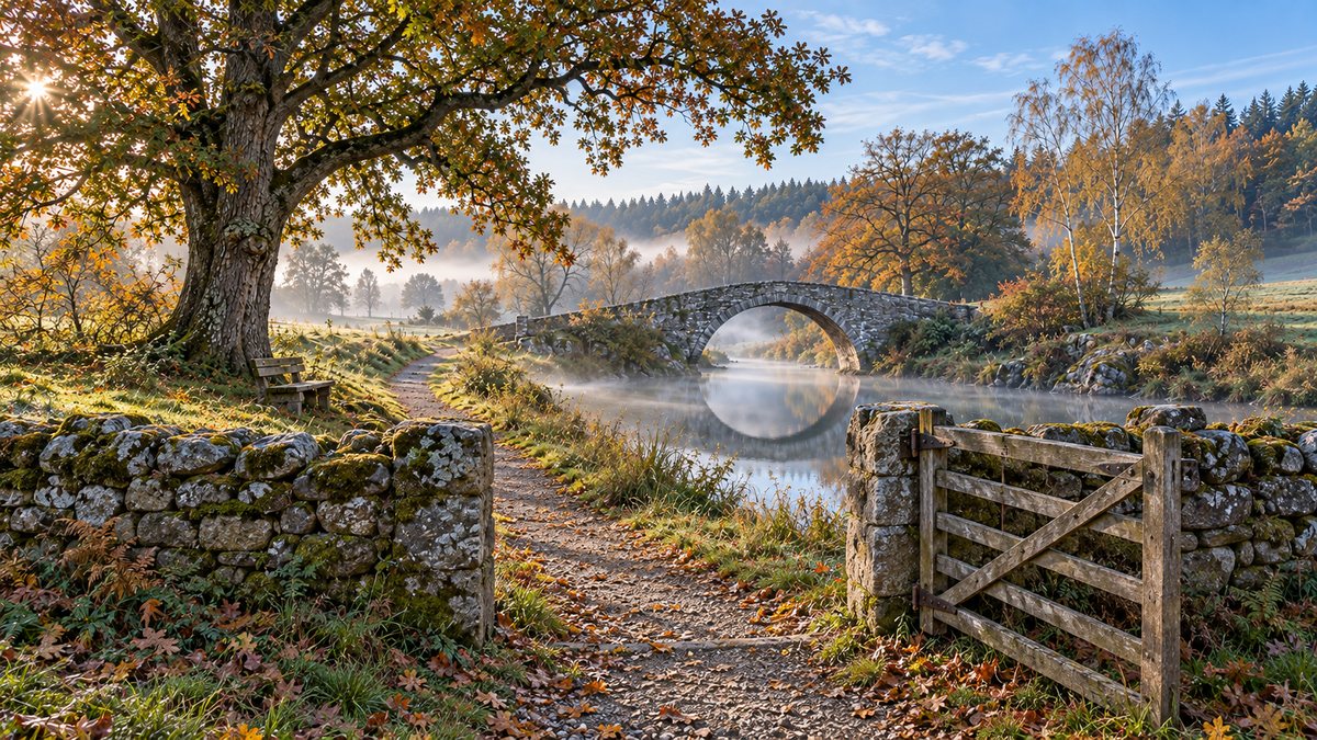 Offenes Holztor in einer Steinmauer im Herbst, der Weg führt über die Wiese zur Steinbogenbrücke