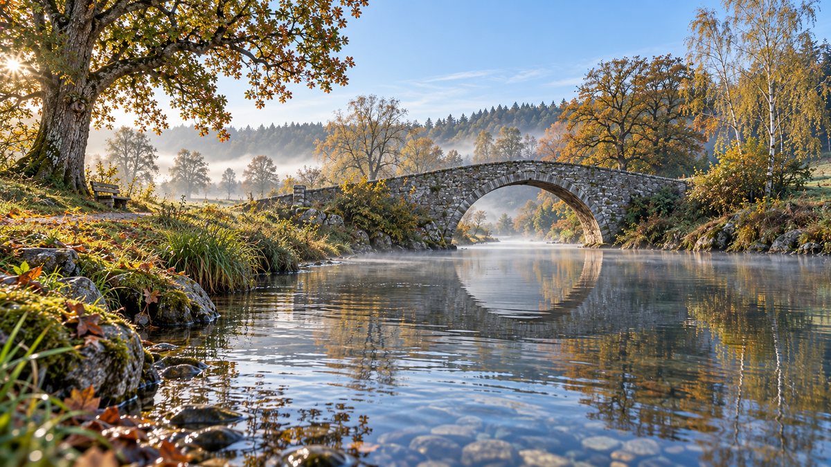 Blick knapp über dem Fluss auf die Steinbogenbrücke im Herbst, Bogen und Spiegelung bilden einen Kreis, links die Eiche mit der Bank