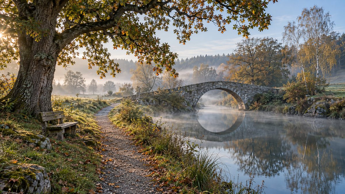Steinbogenbrücke im Herbst, Bogen und Spiegelung im ruhigen Wasser bilden einen Kreis, links die alte Eiche mit der Holzbank